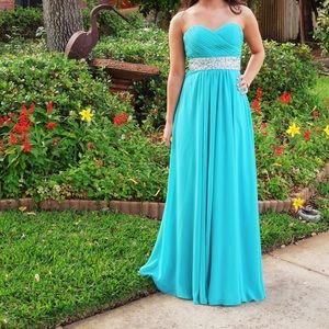 Strapless Teal Jeweled Gown